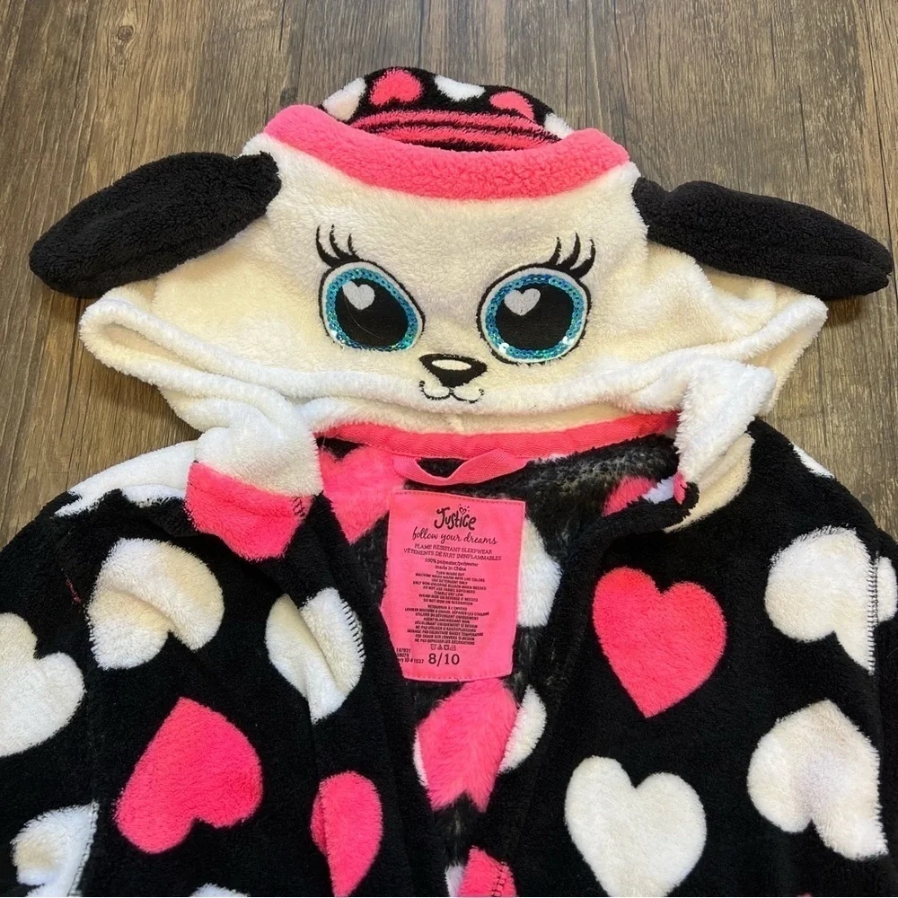 Justice Kids Pink Hearted Fleece Hooded Animal Ears Robe Size 8/10
